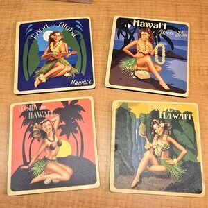 Hawaiian 4‎ pack Coasters VTG Coconut, Pineapple, Plumeria Ukulele Girl